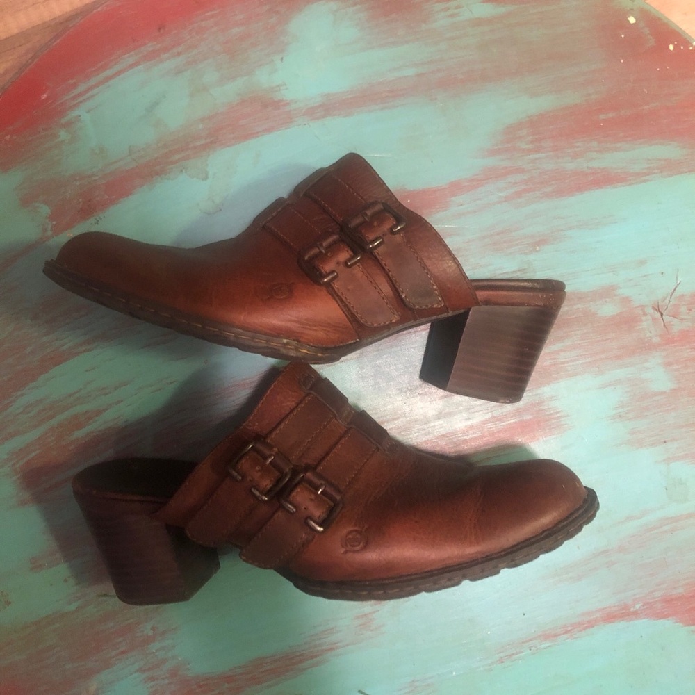 Born Block Heel Mule Shoes Womens Size 11 Brown Leather Slip On Closed Toe